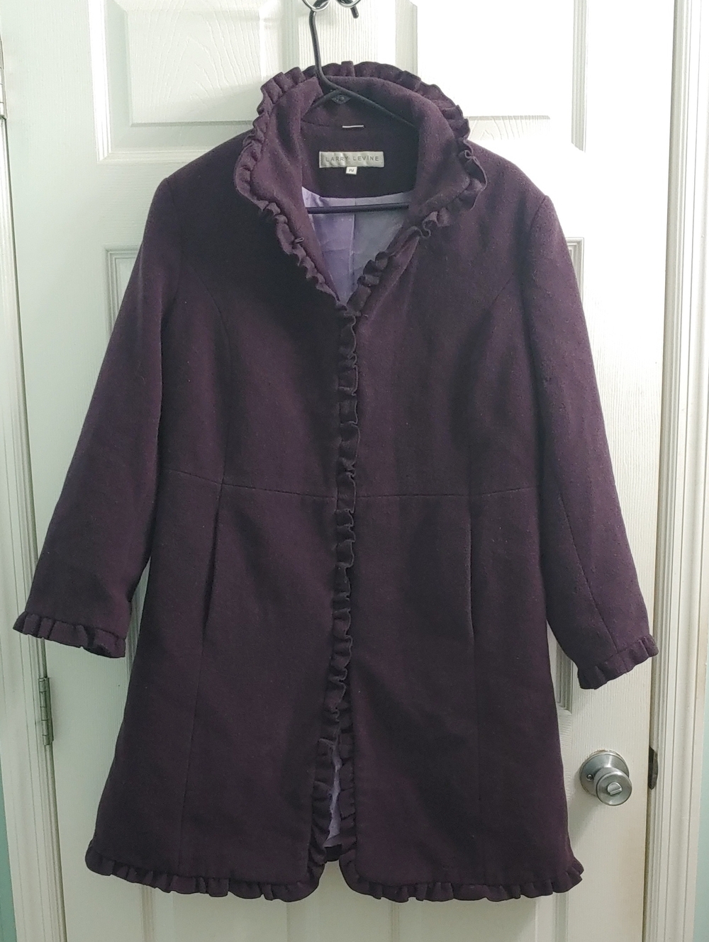 Larry Levine Dark Purple Peacoat Women's PM Wool Overcoat Ruffled Trim